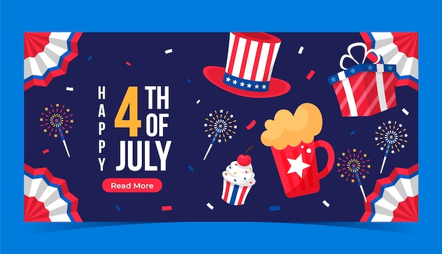 Plantilla de banner horizontal plano para la celebración americana del 4 de julio