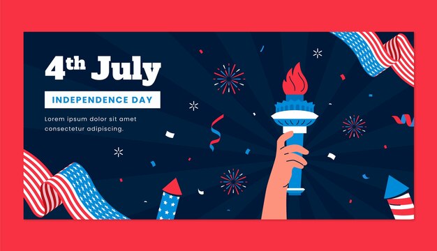 Plantilla de banner horizontal plano para la celebración americana del 4 de julio