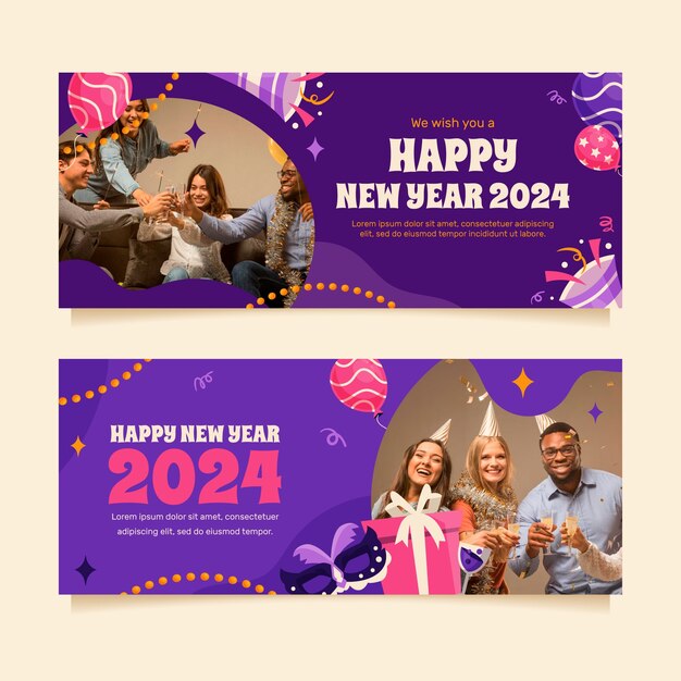 Plantilla de banner horizontal plano para la celebración del año nuevo 2024