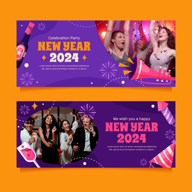 Plantilla de banner horizontal plano para la celebración del año nuevo 2024