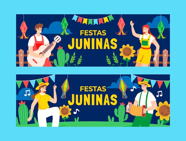 Plantilla de banner horizontal plano para la celebración brasileña de festas juninas