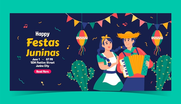 Vector gratuito plantilla de banner horizontal plano para la celebración brasileña de festas juninas