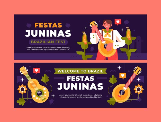 Plantilla de banner horizontal plano para la celebración brasileña de festas juninas