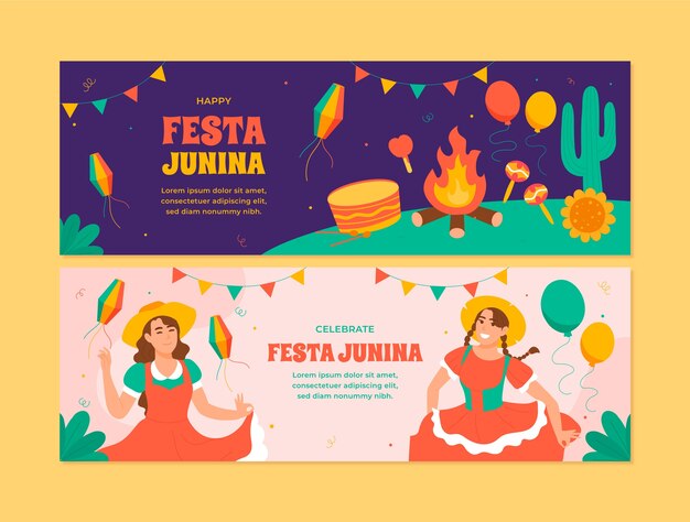 Plantilla de banner horizontal plano para la celebración brasileña de festas juninas