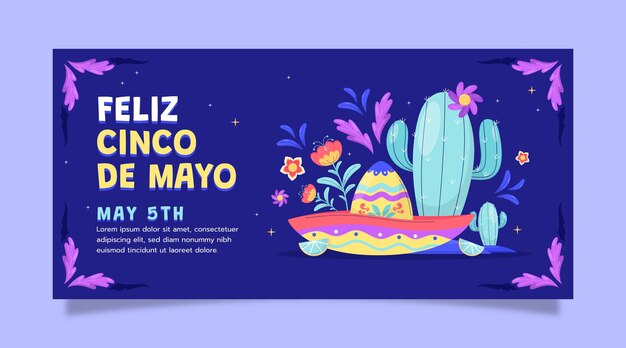 Plantilla de banner horizontal plano para la celebración del cinco de mayo