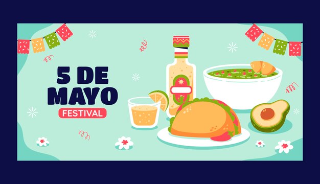 Plantilla de banner horizontal plano para la celebración del cinco de mayo