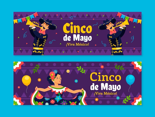 Vector gratuito plantilla de banner horizontal plano para la celebración del cinco de mayo