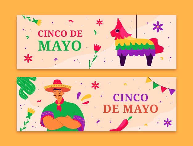 Plantilla de banner horizontal plano para la celebración del cinco de mayo