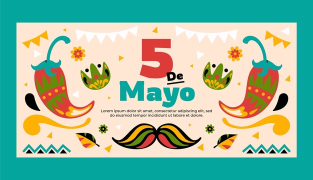 Plantilla de banner horizontal plano para la celebración del cinco de mayo