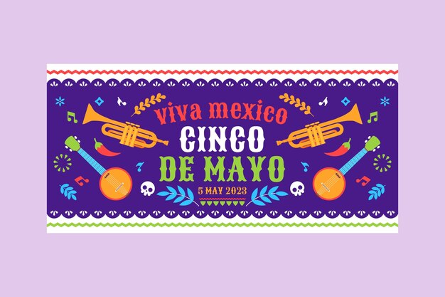 Plantilla de banner horizontal plano para la celebración del cinco de mayo