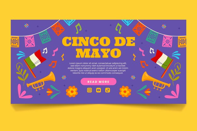 Plantilla de banner horizontal plano para la celebración del cinco de mayo
