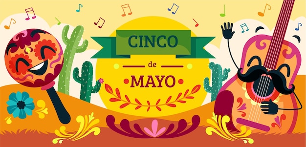 Plantilla de banner horizontal plano para la celebración del cinco de mayo