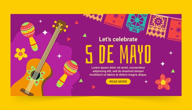 Plantilla de banner horizontal plano para la celebración del cinco de mayo