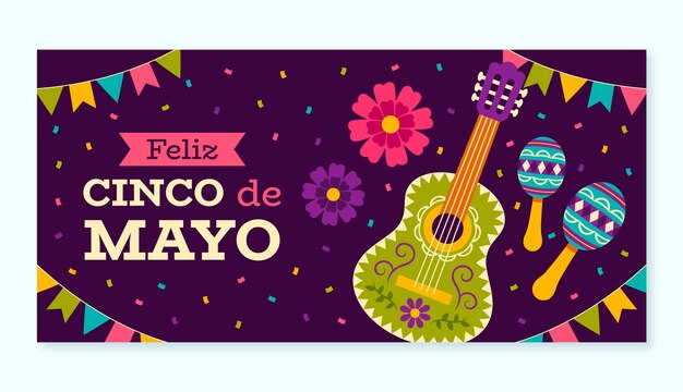 Plantilla de banner horizontal plano para la celebración del cinco de mayo