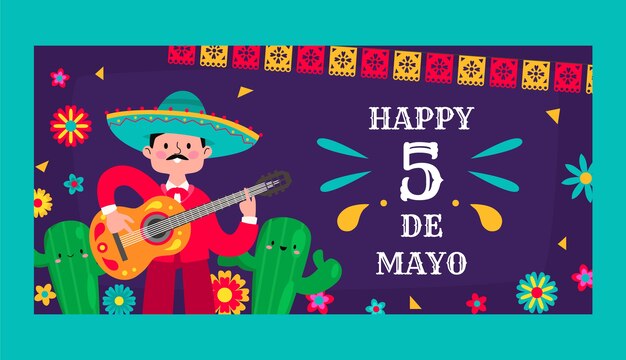 Plantilla de banner horizontal plano para la celebración del cinco de mayo