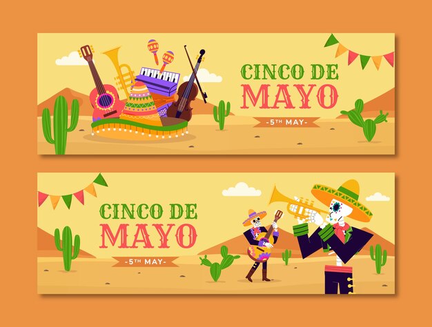 Plantilla de banner horizontal plano para la celebración del cinco de mayo