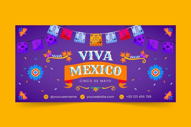Plantilla de banner horizontal plano para la celebración del cinco de mayo