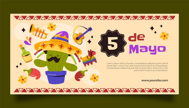 Plantilla de banner horizontal plano para la celebración del cinco de mayo