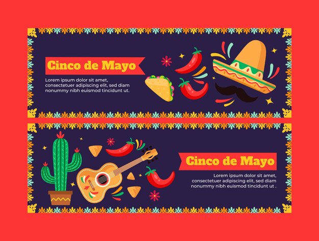 Plantilla de banner horizontal plano para la celebración del cinco de mayo