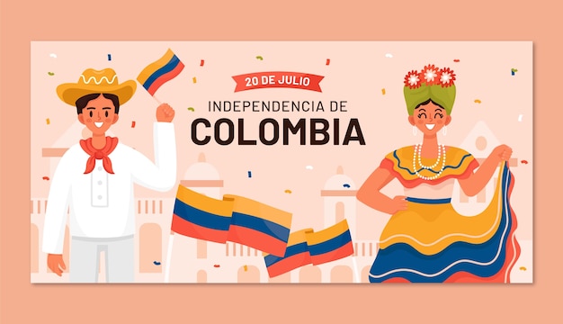 Plantilla de banner horizontal plano para la celebración del día de la independencia de colombia