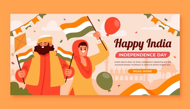 Vector gratuito plantilla de banner horizontal plano para la celebración del día de la independencia de la india