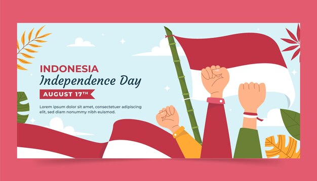 Plantilla de banner horizontal plano para la celebración del día de la independencia de indonesia