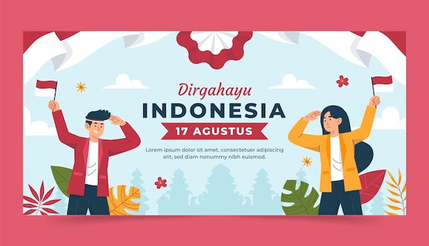 Plantilla de banner horizontal plano para la celebración del día de la independencia de indonesia