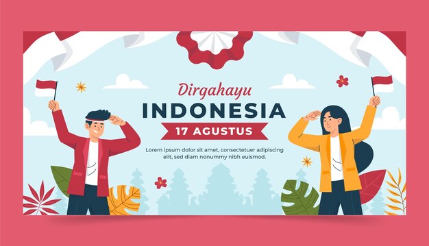 Plantilla de banner horizontal plano para la celebración del día de la independencia de indonesia