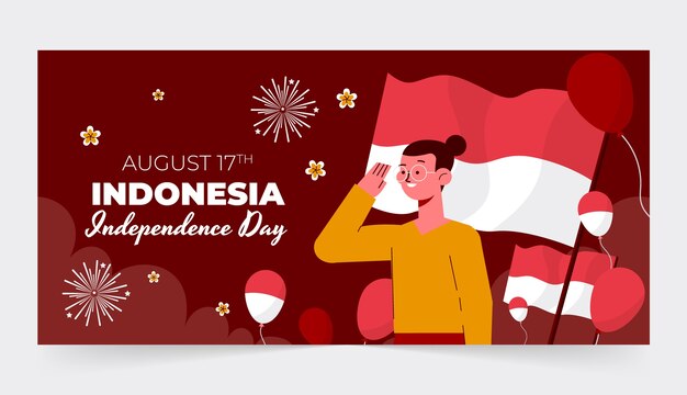 Plantilla de banner horizontal plano para la celebración del día de la independencia de indonesia