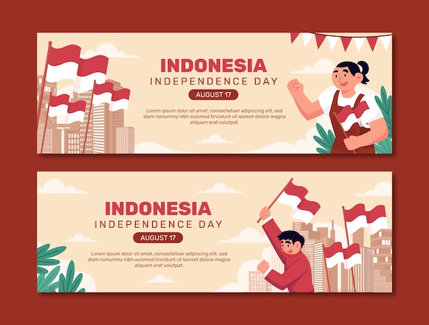 Vector gratuito plantilla de banner horizontal plano para la celebración del día de la independencia de indonesia