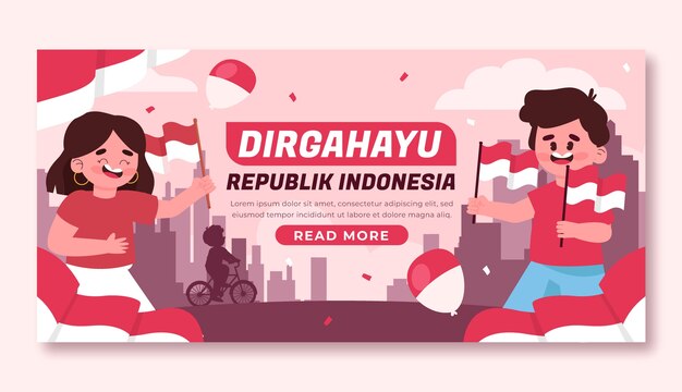 Plantilla de banner horizontal plano para la celebración del día de la independencia de indonesia