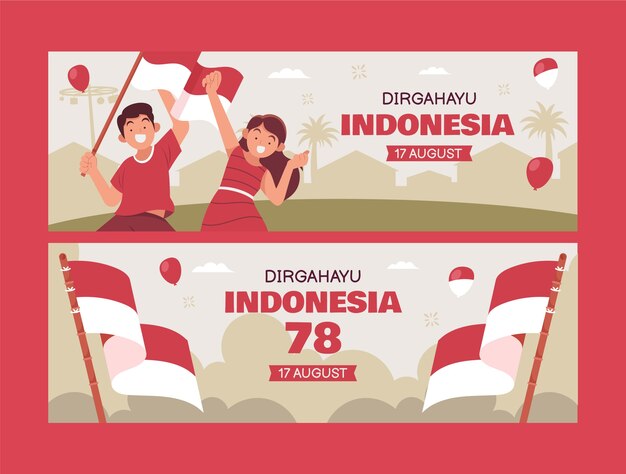 Plantilla de banner horizontal plano para la celebración del día de la independencia de indonesia