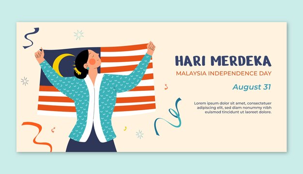Plantilla de banner horizontal plano para la celebración del día de la independencia de malasia