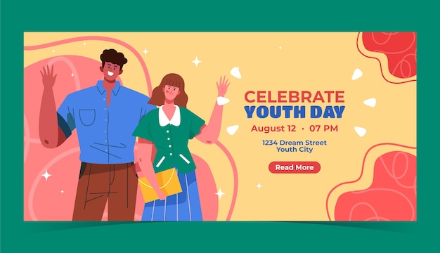 Plantilla de banner horizontal plano para la celebración del día internacional de la juventud