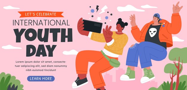 Plantilla de banner horizontal plano para la celebración del día internacional de la juventud