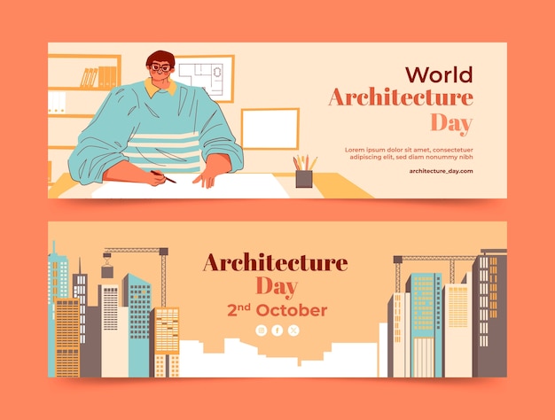 Vector gratuito plantilla de banner horizontal plano para la celebración del día mundial de la arquitectura