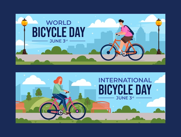 Vector gratuito plantilla de banner horizontal plano para la celebración del día mundial de la bicicleta