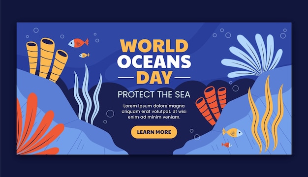 Plantilla de banner horizontal plano para la celebración del día mundial de los océanos con vida oceánica
