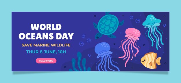 Plantilla de banner horizontal plano para la celebración del día mundial de los océanos con vida oceánica
