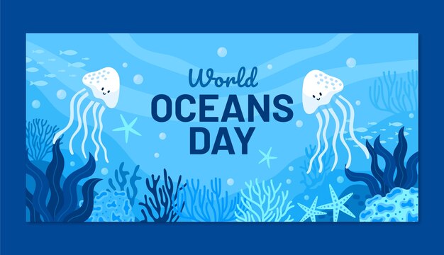 Plantilla de banner horizontal plano para la celebración del día mundial de los océanos