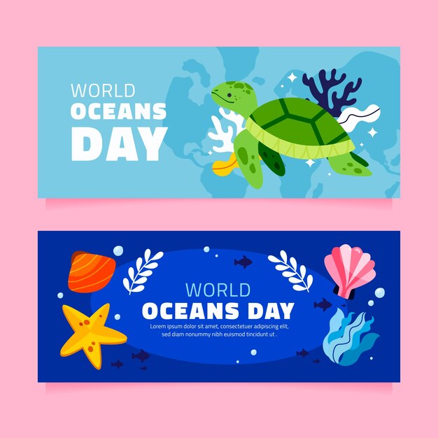 Plantilla de banner horizontal plano para la celebración del día mundial de los océanos