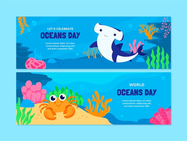 Plantilla de banner horizontal plano para la celebración del día mundial de los océanos