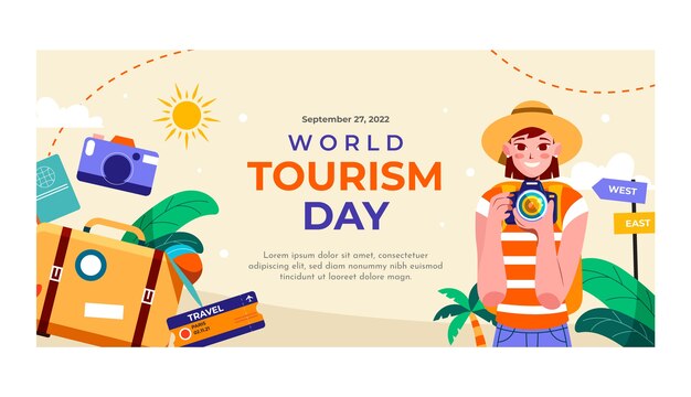Plantilla de banner horizontal plano para la celebración del día mundial del turismo