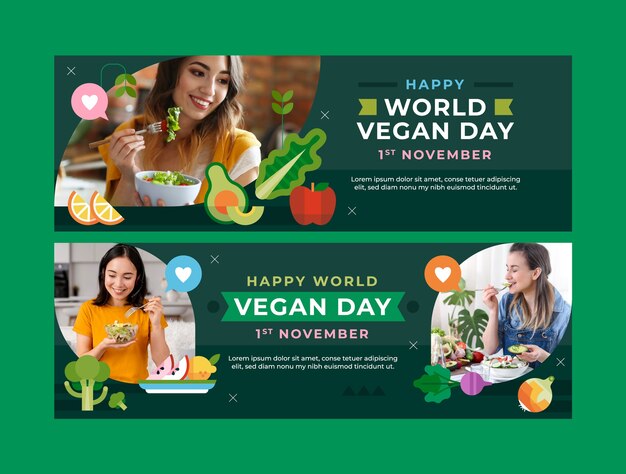 Plantilla de banner horizontal plano para la celebración del día mundial del vegano