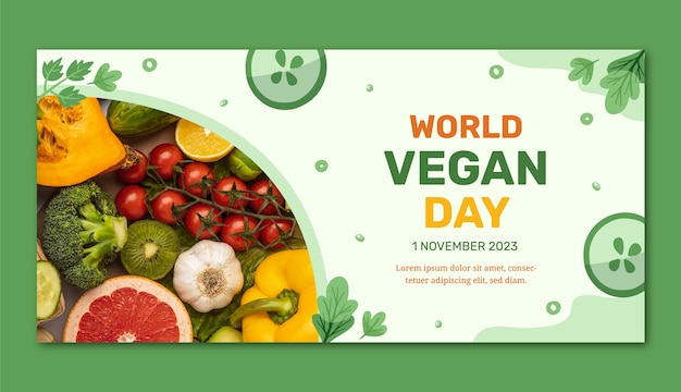 Plantilla de banner horizontal plano para la celebración del día mundial del vegano