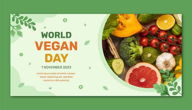 Plantilla de banner horizontal plano para la celebración del día mundial del vegano