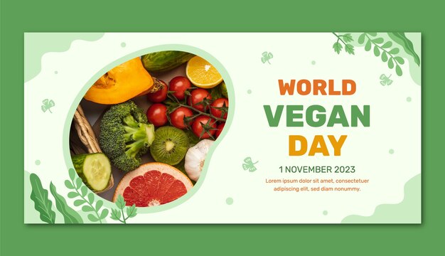 Plantilla de banner horizontal plano para la celebración del día mundial del vegano