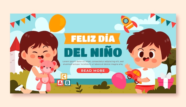 Plantilla de banner horizontal plano para la celebración del día del niño en español