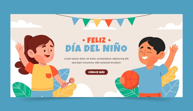 Plantilla de banner horizontal plano para la celebración del día del niño en español