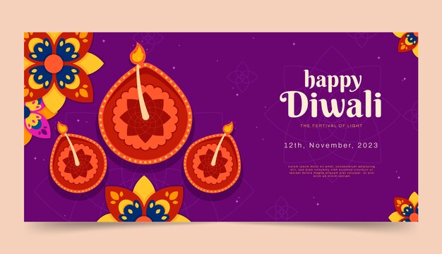 Plantilla de banner horizontal plano para la celebración del festival hindú diwali